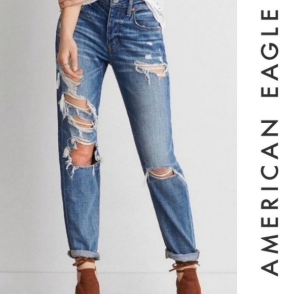 American Eagle Outfitters Denim - American Eagle Tomgirl Button Fly Distressed Destroyed Ripped Mid Rise Jeans 0